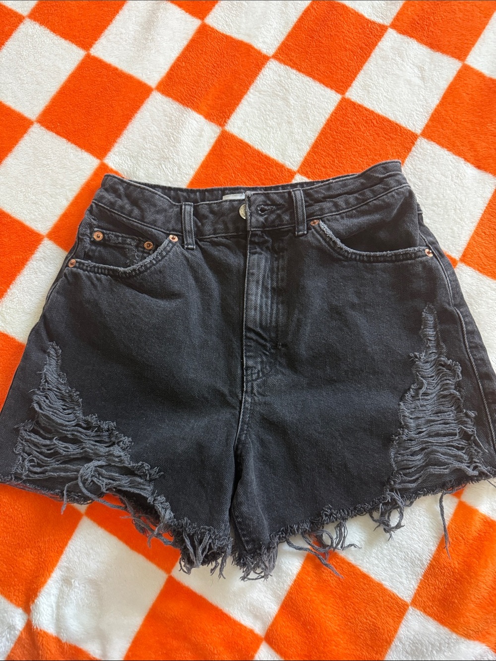 Topshop Black Distressed High-Rise Denim Shorts